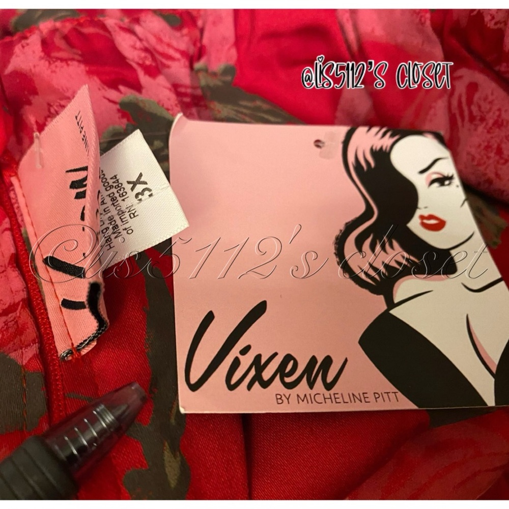Vixen by Micheline Pitt Ingenue Swing Dress in Vintage Red Rose Print 3X - Picture 12 of 16